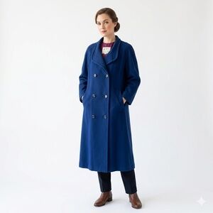 Vintage LONDON FOG Pure Virgin Wool Double Breasted Long Coat - 8P Royal Blue